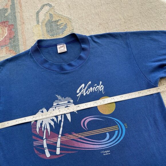 Vintage 80s Coverups By Sunshine Florida T Shirt Medium Blue Beach Vacation Palm - Picture 5 of 6